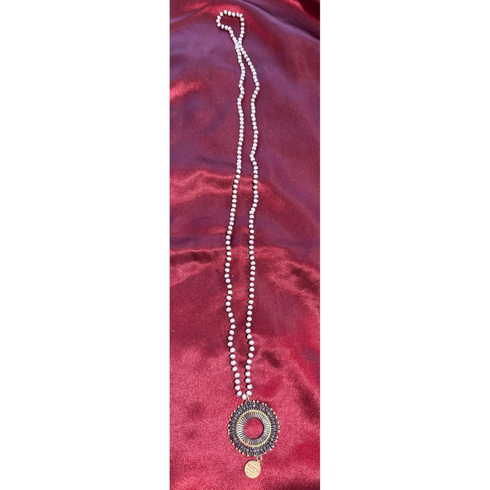 Boho Long Beaded Necklace White Seed Beads Sunburst Circular Pendant Gold Charm